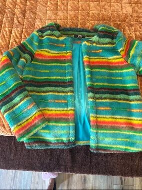 L&B Multicolor Striped Faux Fur Jacket — Turquoise, Yellow, Red, Green